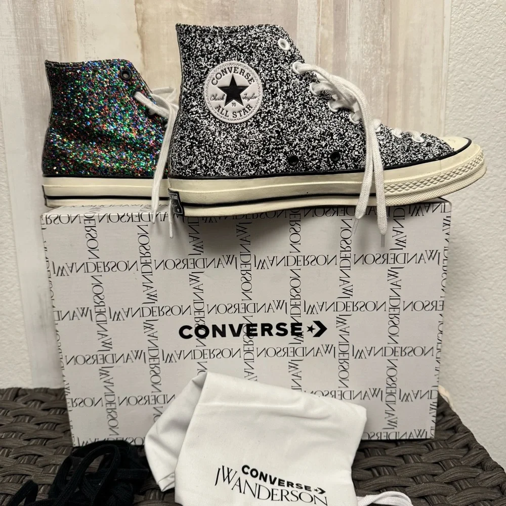 JW Anderson & Converse Glitter High-Top Sneakers - Black and Multicolor - Picture 1 of 8